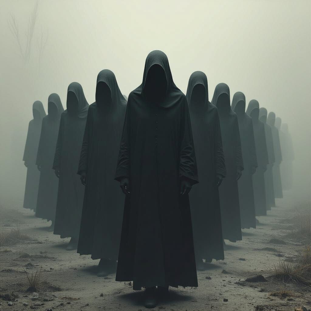 Figures in Unison in Surreal Landscape