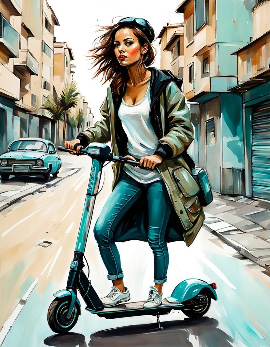 Retro-Futuristic Scooter Girl Portrait in Street Art Style