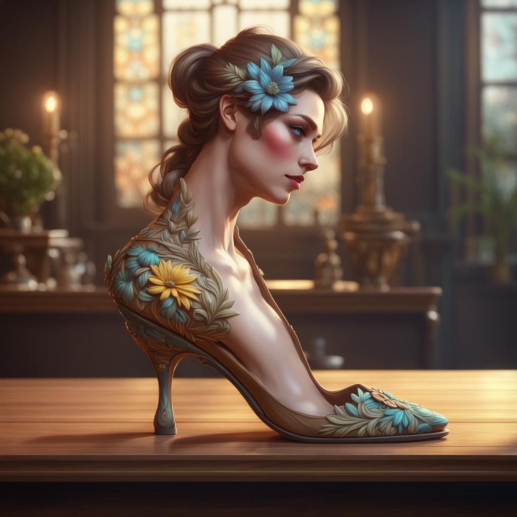 Ornate Heeled Shoes on a Floral Wooden Table