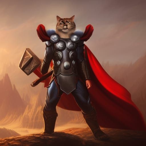 Thor Cat with Helmet and Hammer: Detailed Art