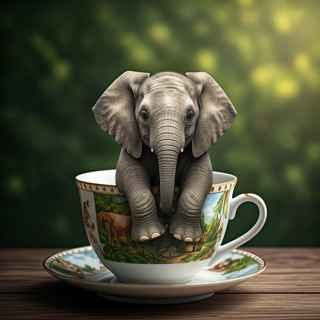 Adorable Baby Elephant in Teacup Portrait