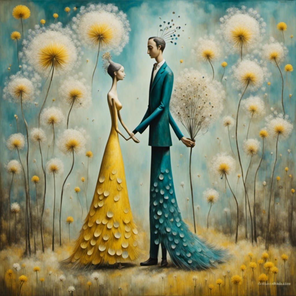 Peacock Couple in Dadaist Surrealist Park Scene