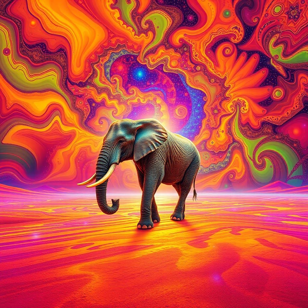 Surreal Desert Landscape with Geometric Elephant in Vector A...