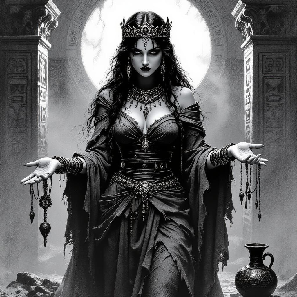 Babylonian Princess in Dark Romantic Illustration Style