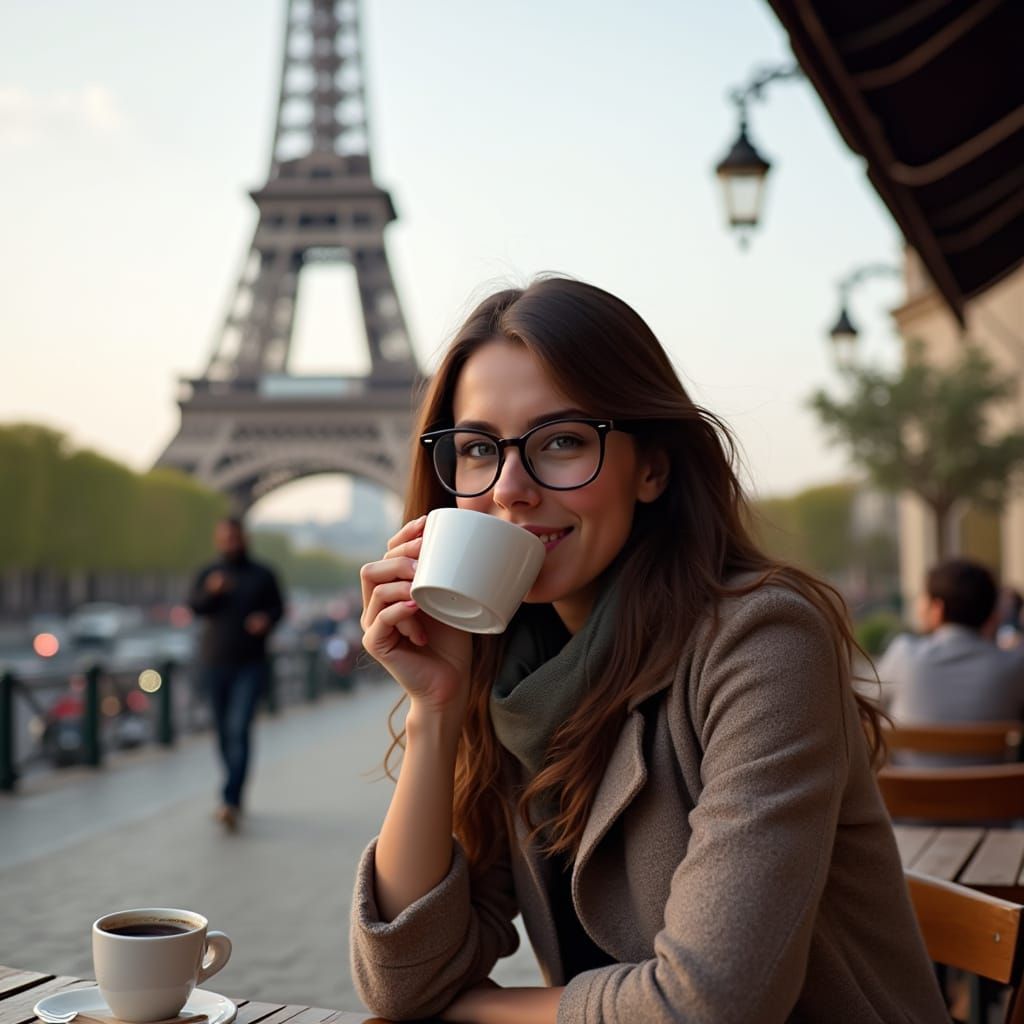 French Cafe Girl Smiles at Eiffel Tower