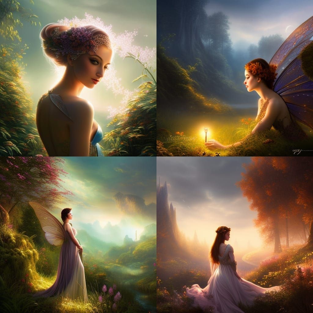 Radiant Fairy Woman in Serene Fantasy Landscape
