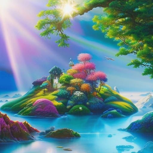 Origami Mountain Landscape with Ball Fish