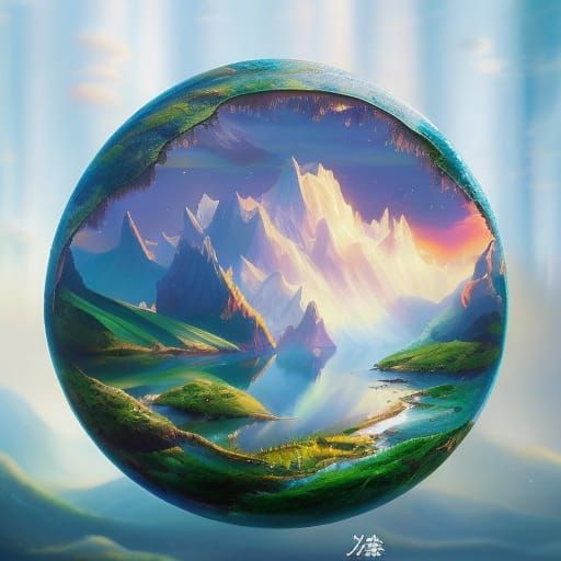 Origami Mountain Landscape with Ball Fish