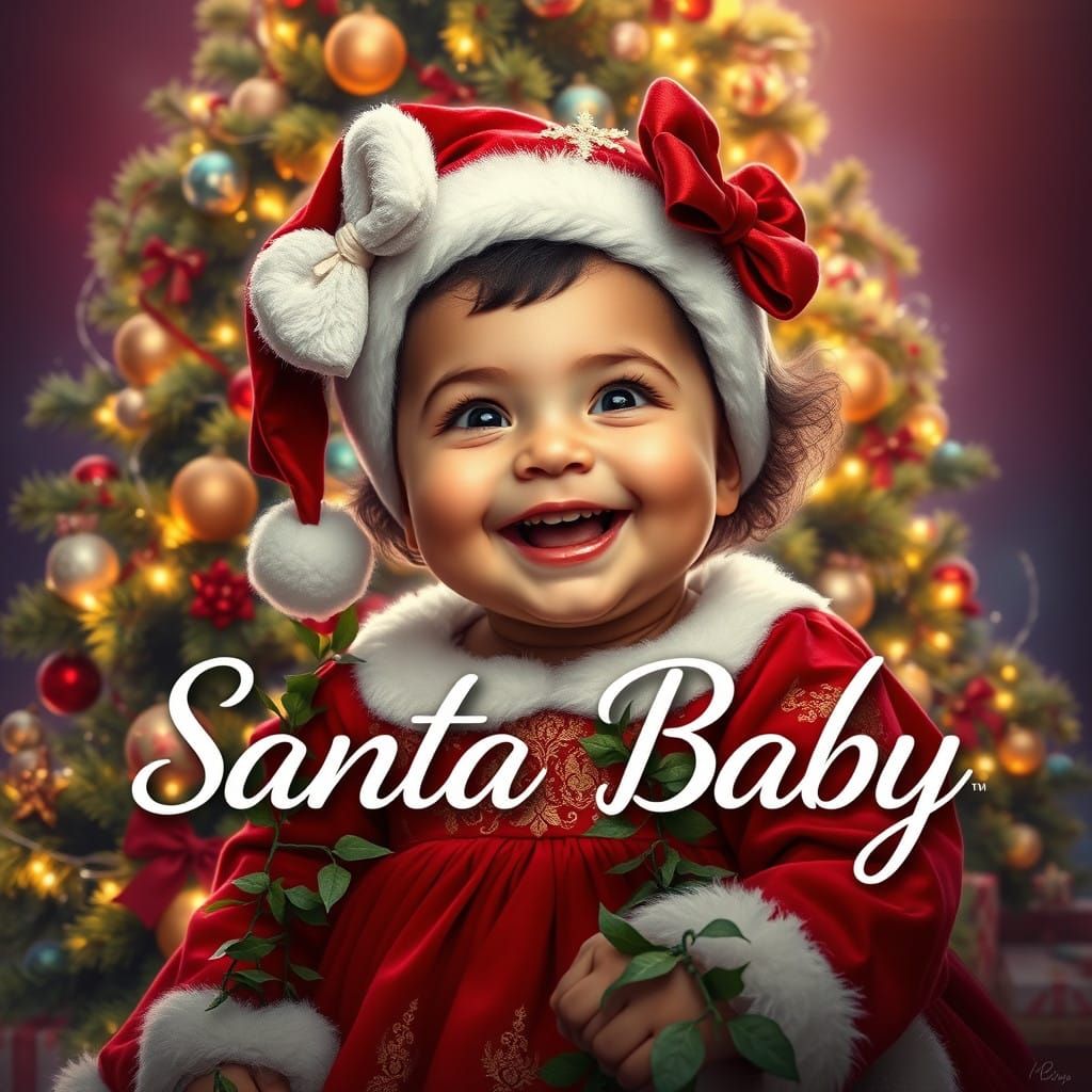 Joyful Baby Girl in Santa Dress with Christmas Lights and Mi...
