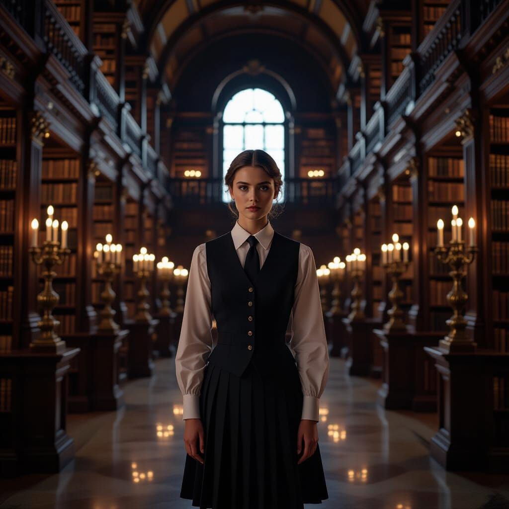 Schoolgirl in Baroque Library with Candlelight