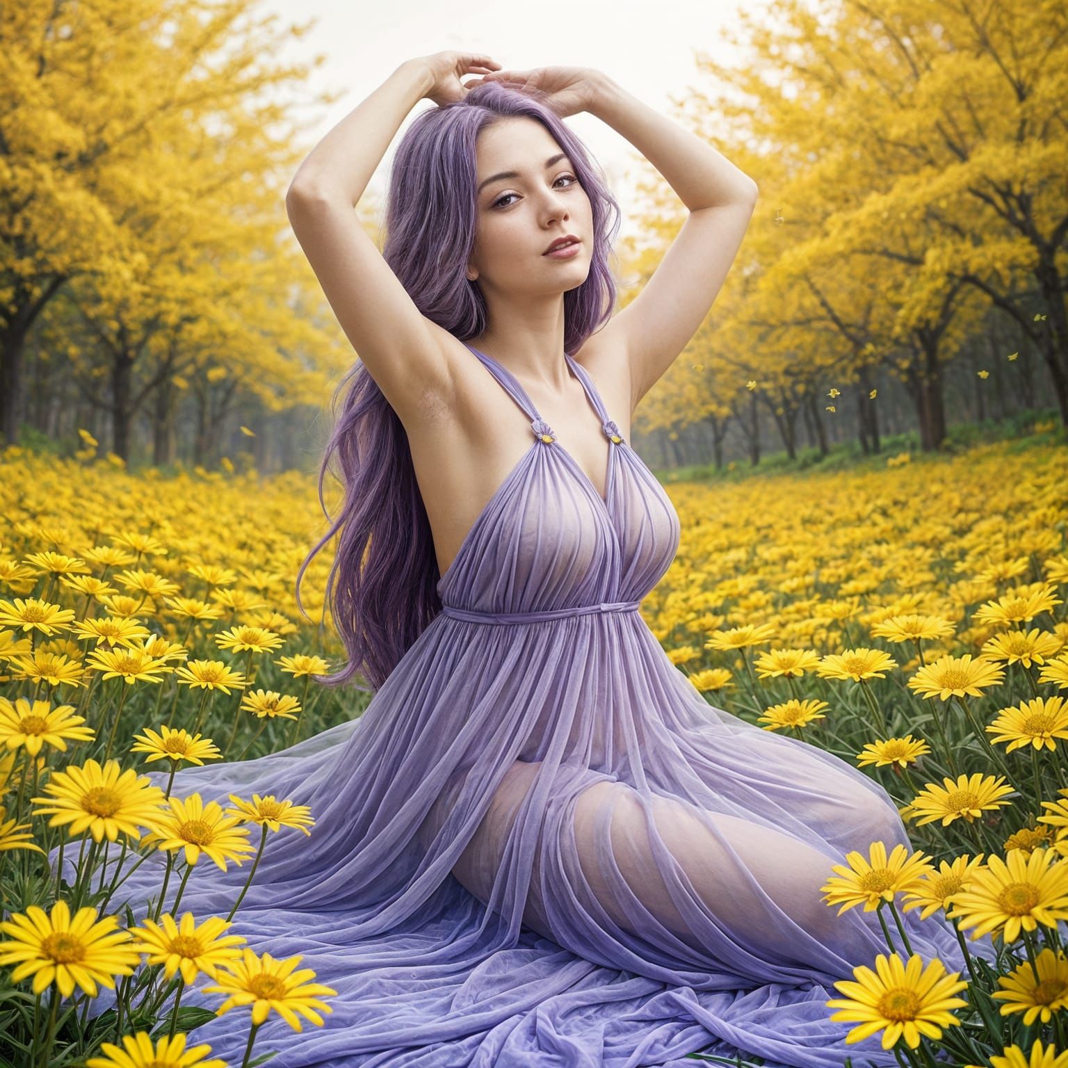 Ethereal Lady Amidst Vibrant Yellow Bloom