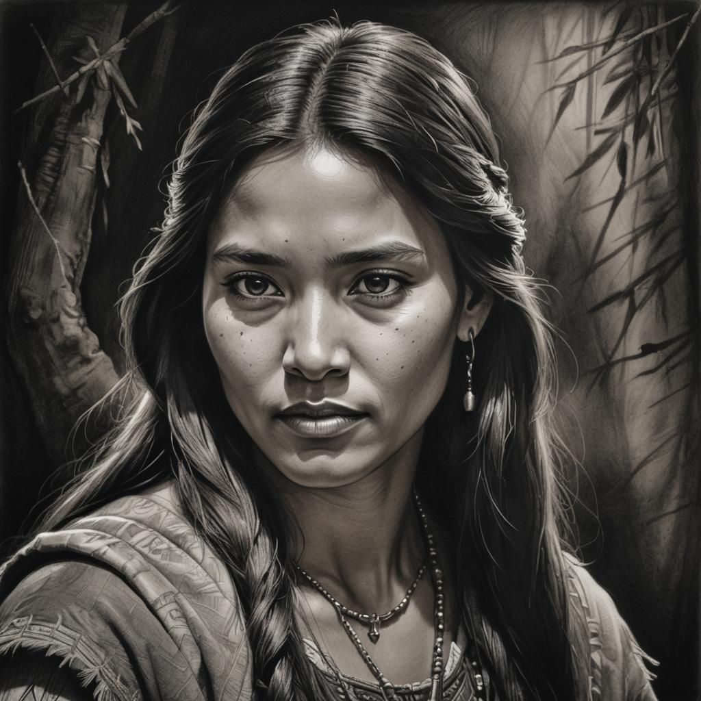 Detailed Charcoal Portrait: Pocahontas' Calm Gaze