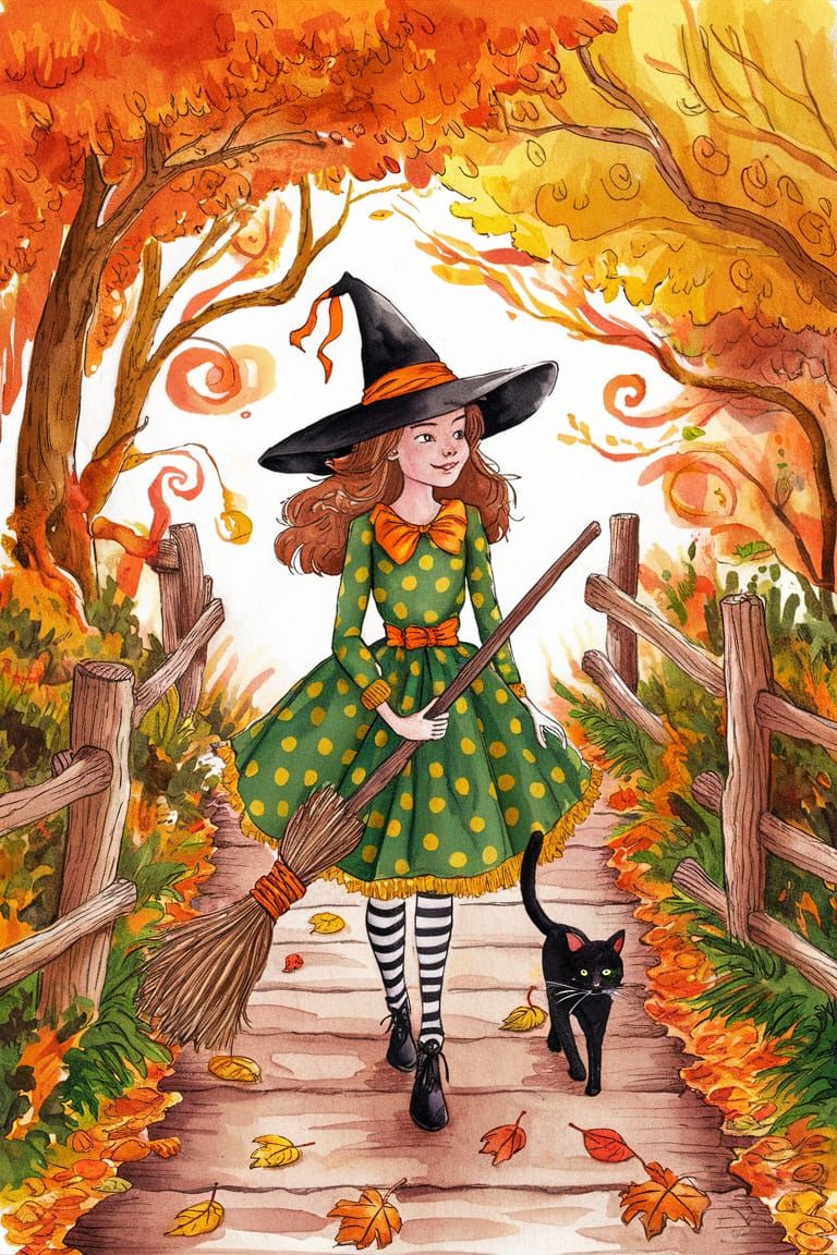 Enchanting Autumn Witch Watercolor Illustration
