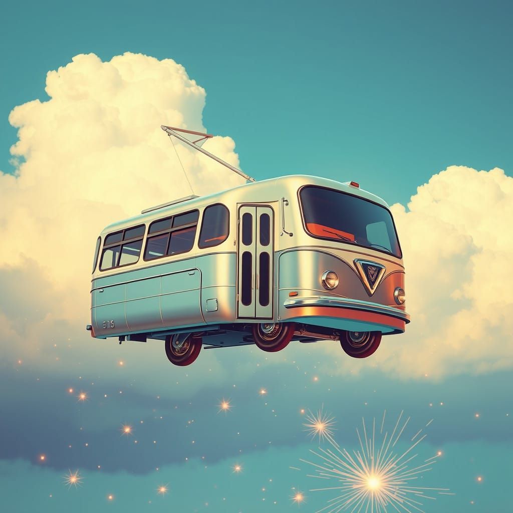 Retro-Futuristic Trolleybus Levitates in a Dreamy Blue Skies...