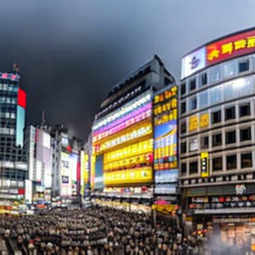 Shibuya Crossing Panorama in Hyperreal Thunderstorm