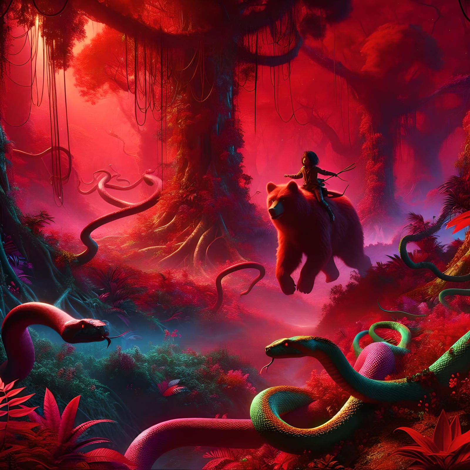 Child and Bear in Scarlet Jungle: Matte Painting