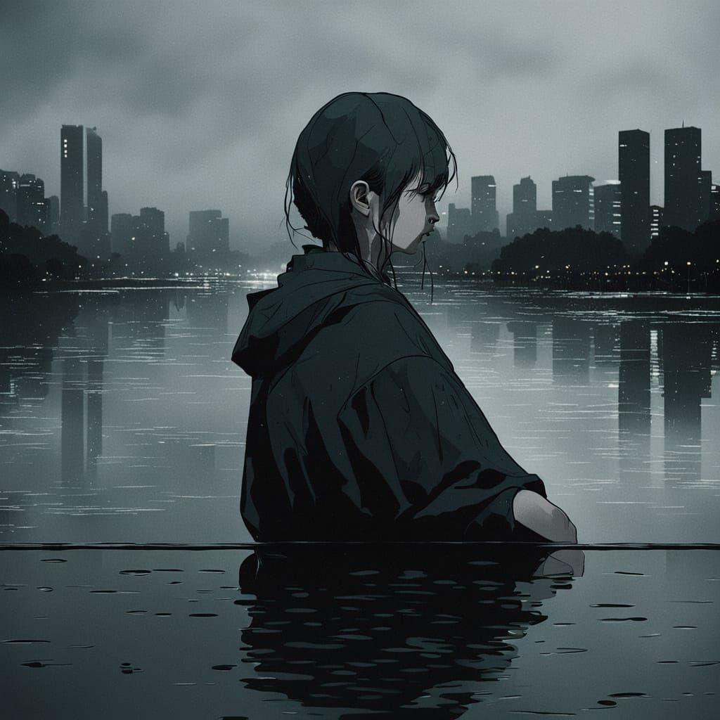 A Lonely Girl Contemplates the Rainy Cityscape of Tokyo