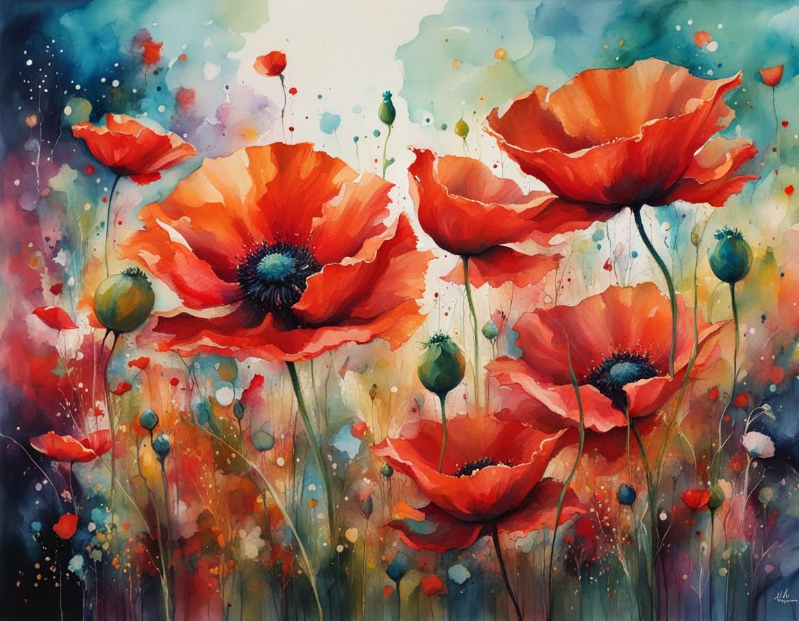 Dancing Poppies: A Whimsical Alcohol Ink Illustration