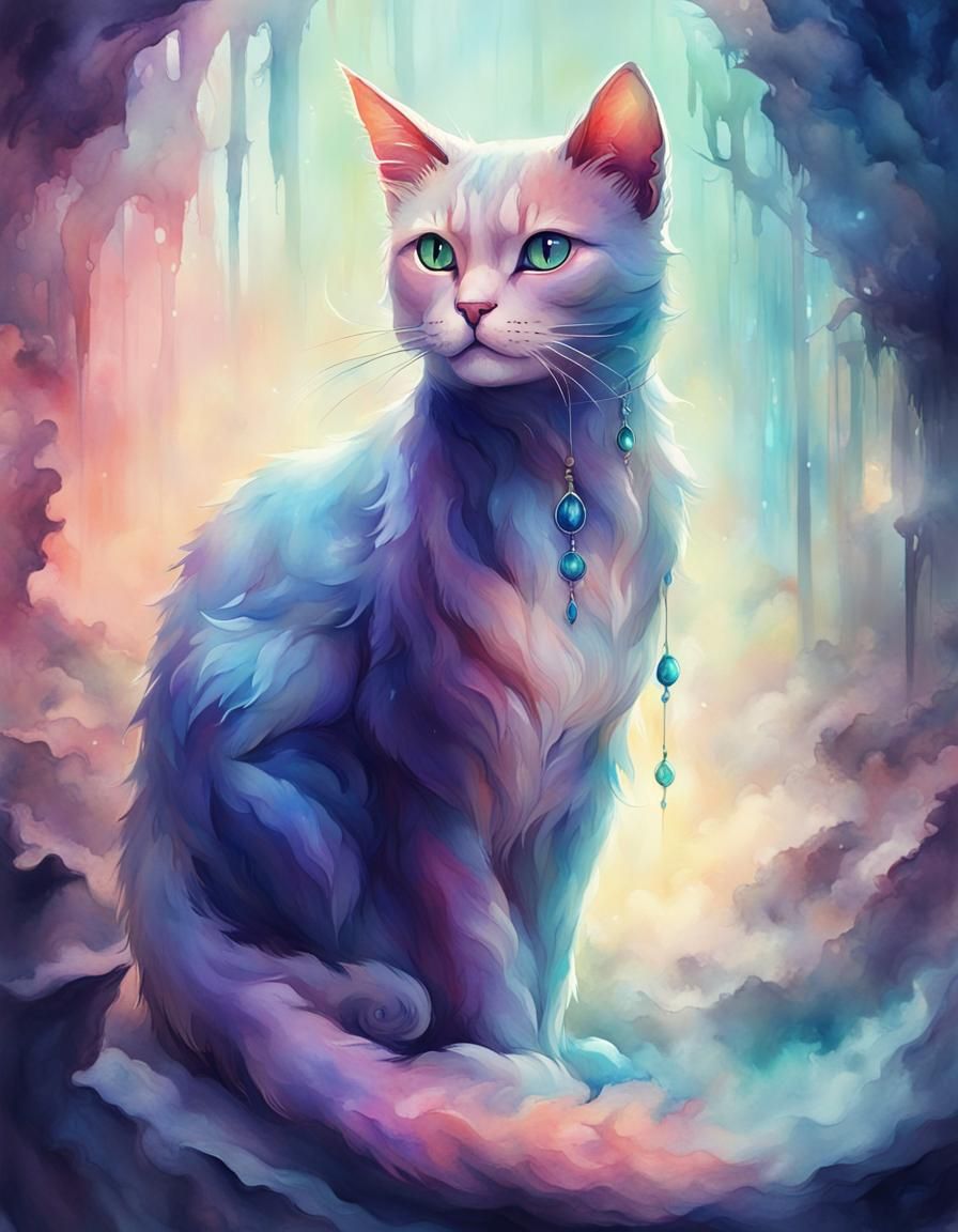 Mysterious Cat in Surreal Watercolor Style