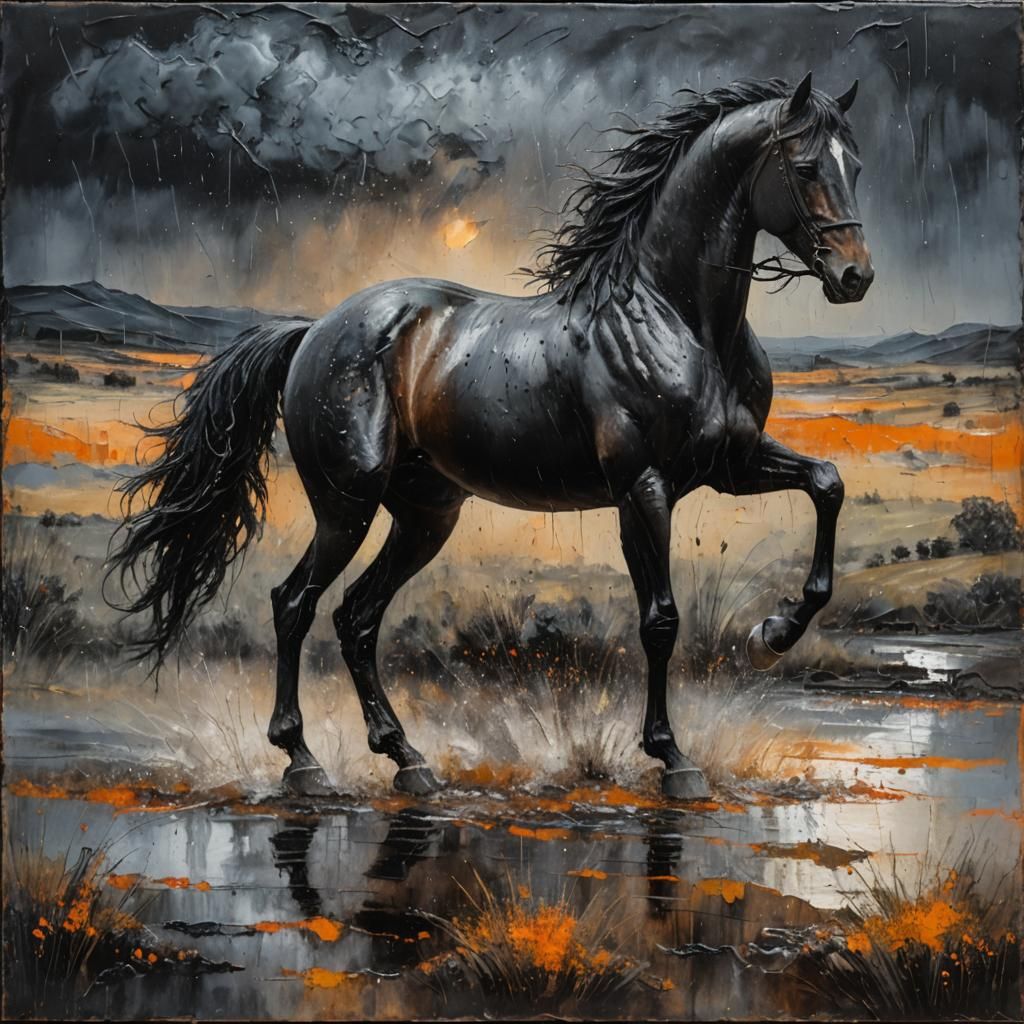 Encaustic Painting of Black Horse in Rainy Landscape