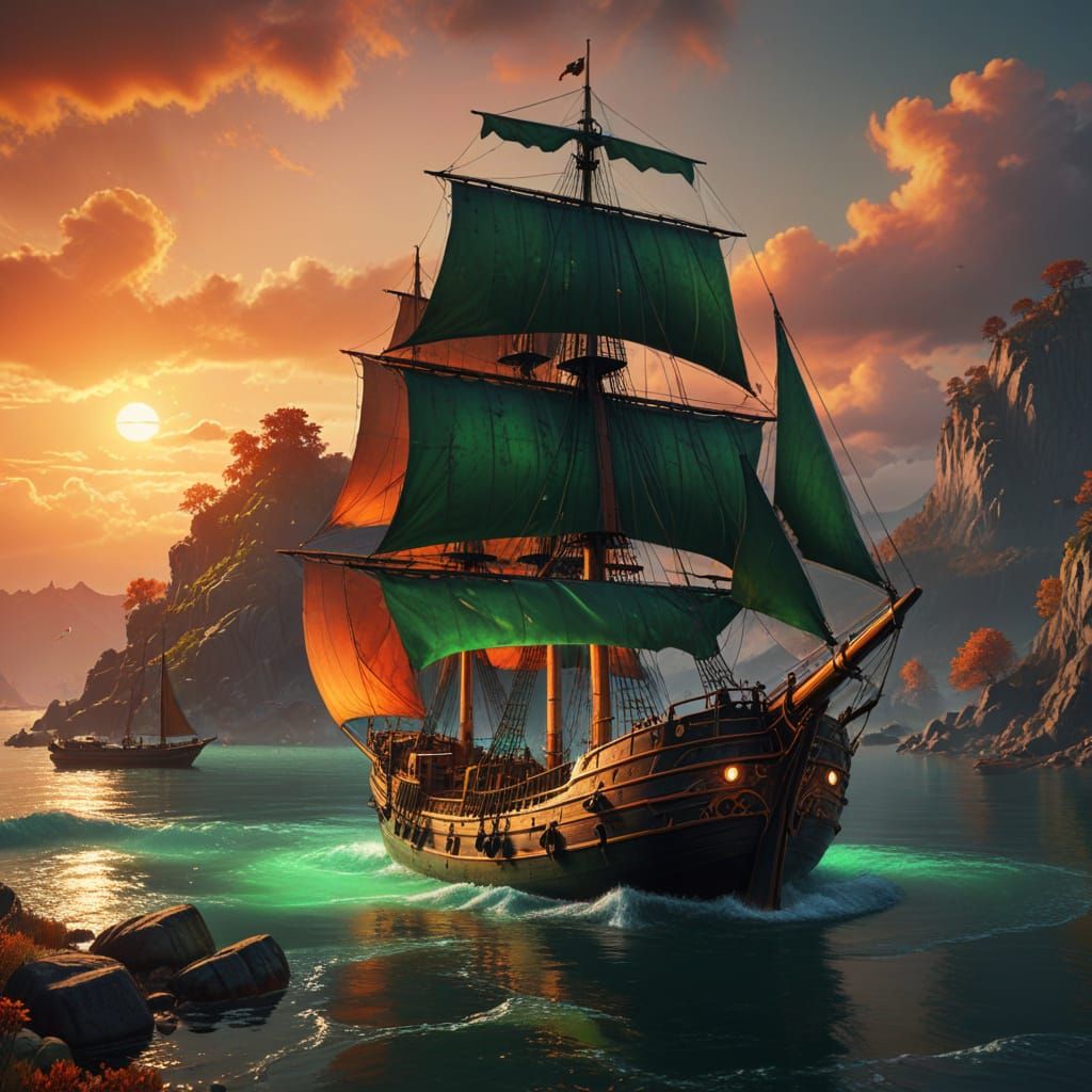 Autumn Harbor Schooner Sunset in Detailed Matte Painting