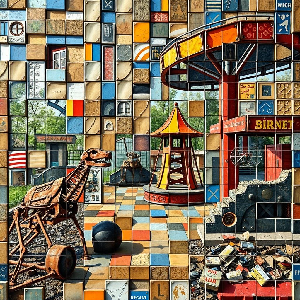 Vibrant Cubist Mosaic of Abandoned Amusement Park