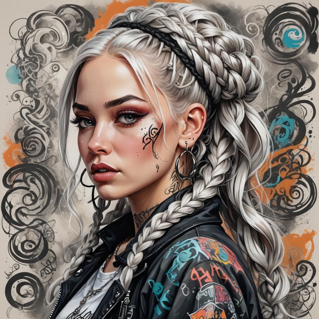 Over Detailed Calligraphic oil Lettering, Caricature lettering style drawing Portrait Of Cutie barbiepunk Perky in outfi...