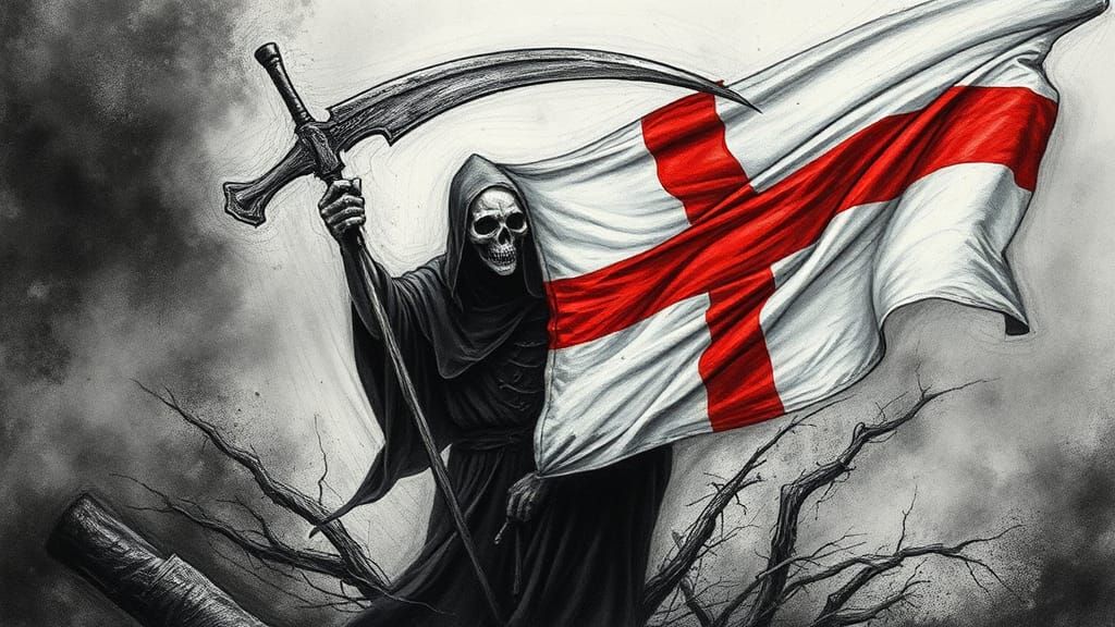 Grim Reaper with English Flag in Dystopian World