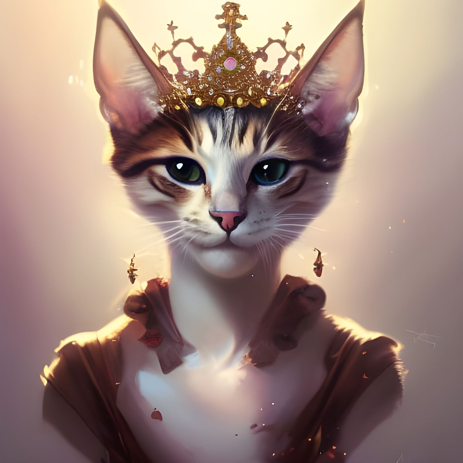 Magical Cat with Crown: Detailed Digital Portrait