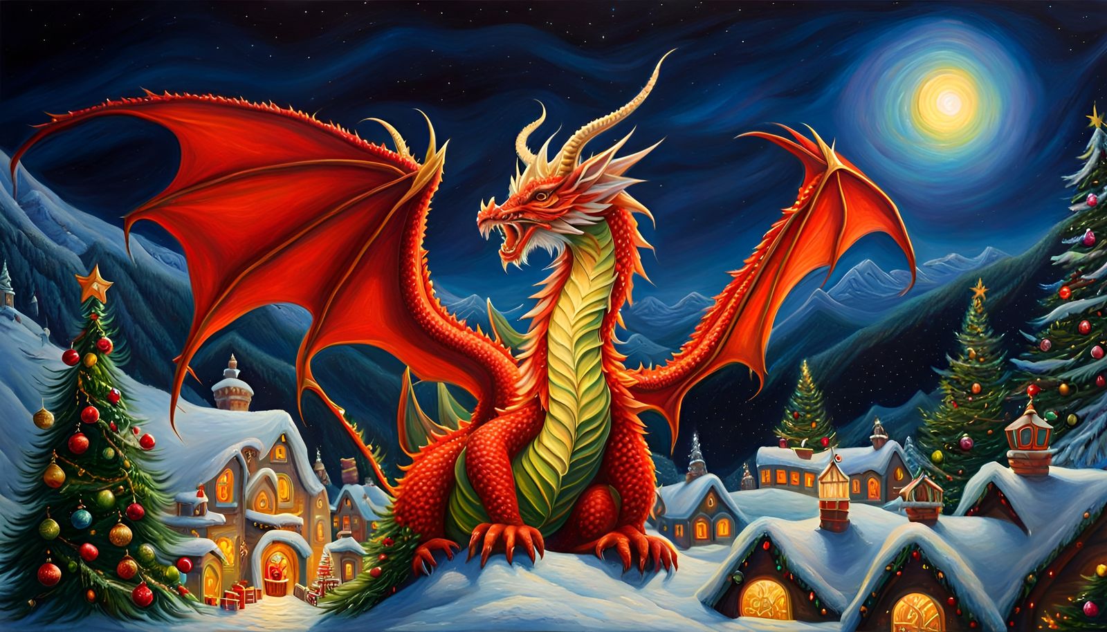 Colorful Christmas Dragon at the North Pole
