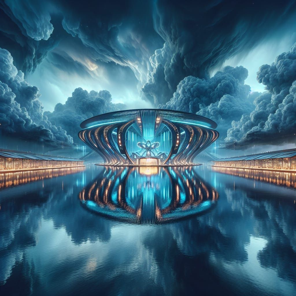 Futuristic Structure Amidst Stormy Waters