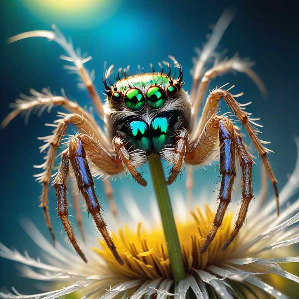 Iridescent Spider in Dandelion Seed Ball