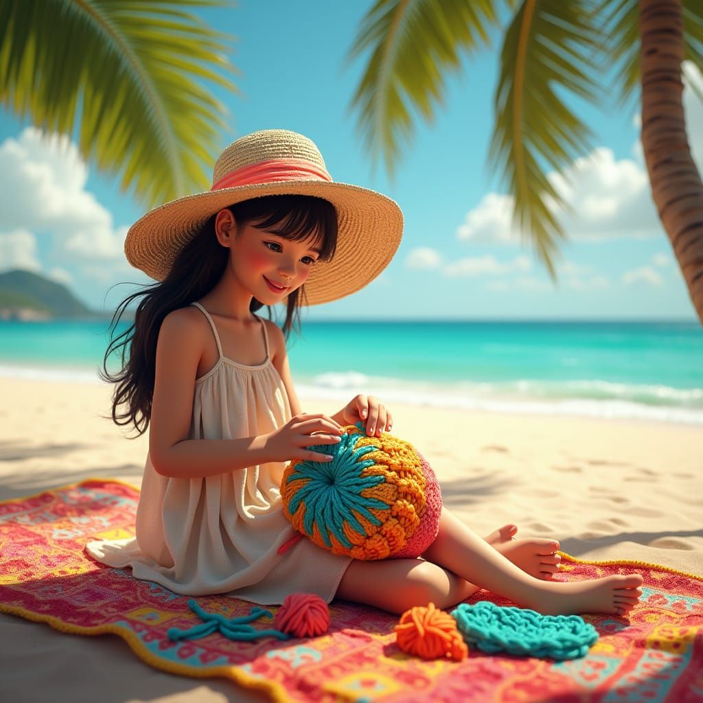 Girl Crocheting Beach Scene in Detailed Matte Painting