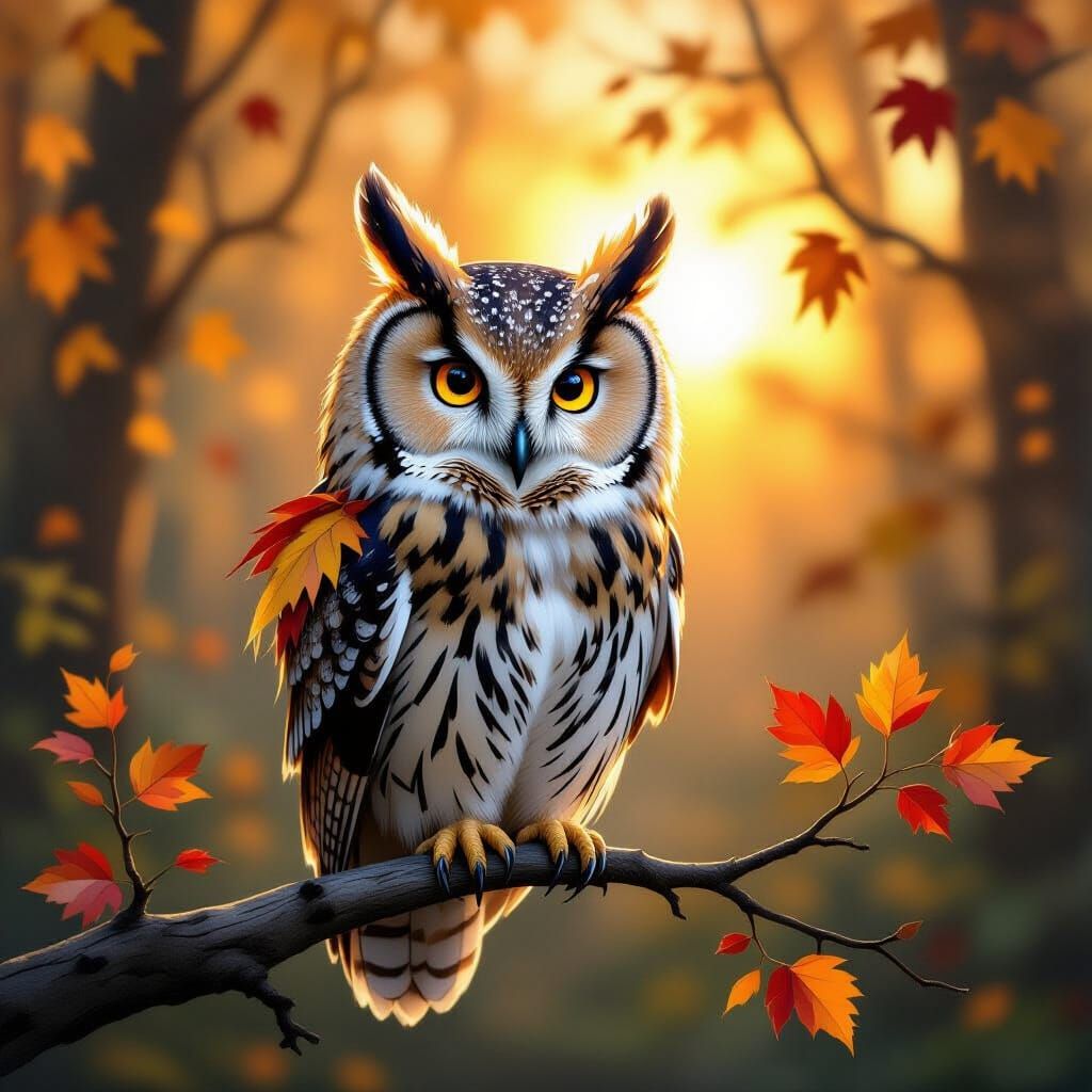Wise Owl in Autumn Forest, Watercolor Style