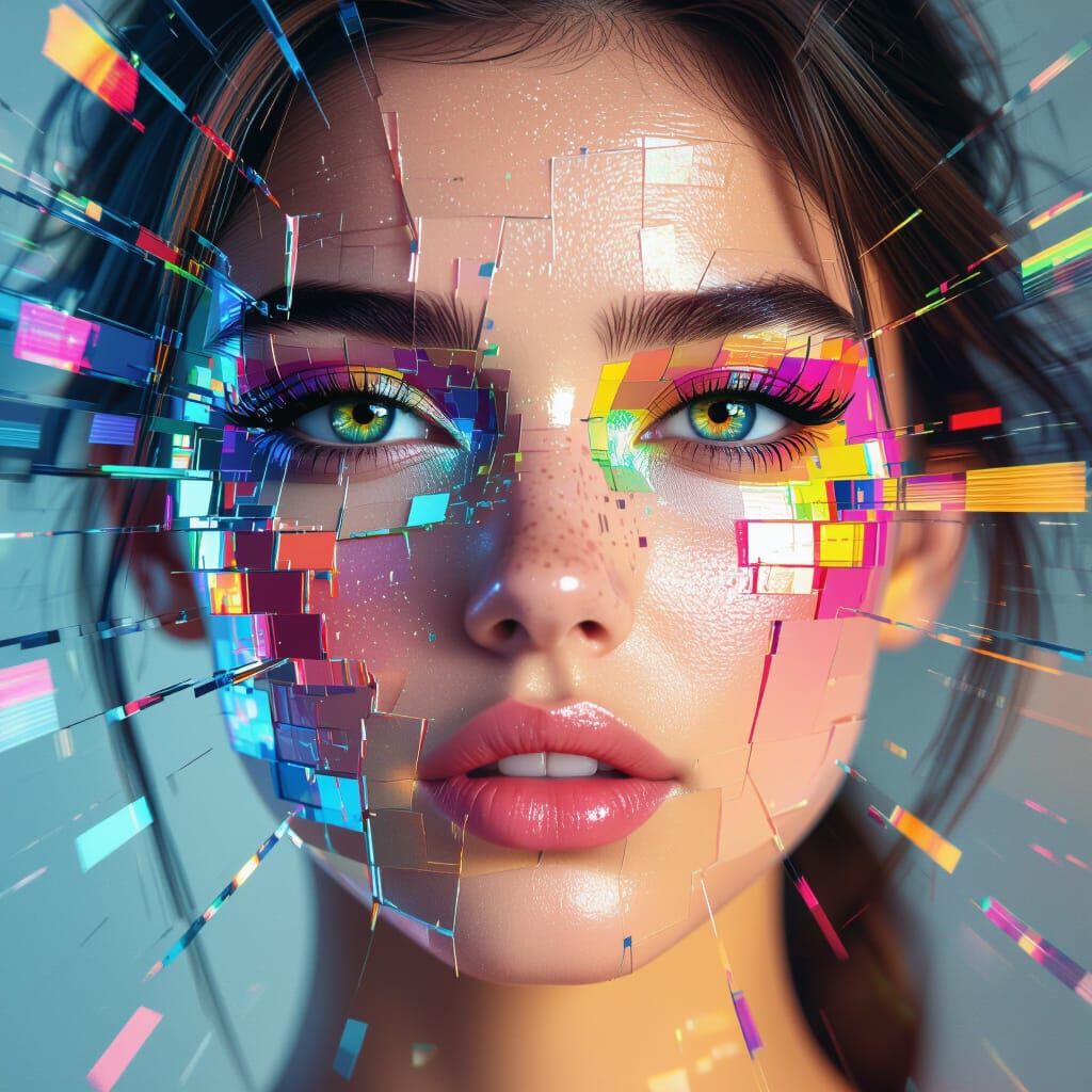 Woman's Face Shatters into Vibrant Pixel Fragments