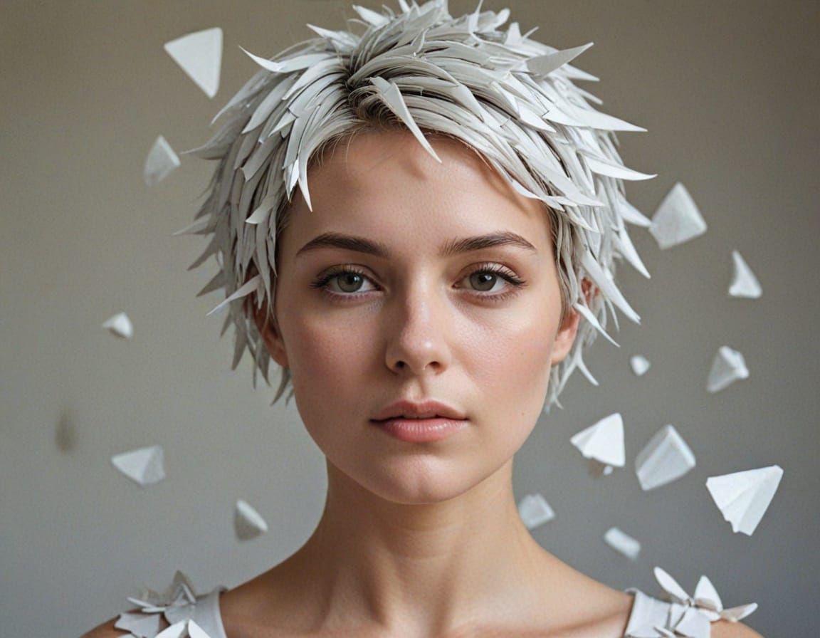 Surreal Woman with Shattered Porcelain in Abstract Art Style