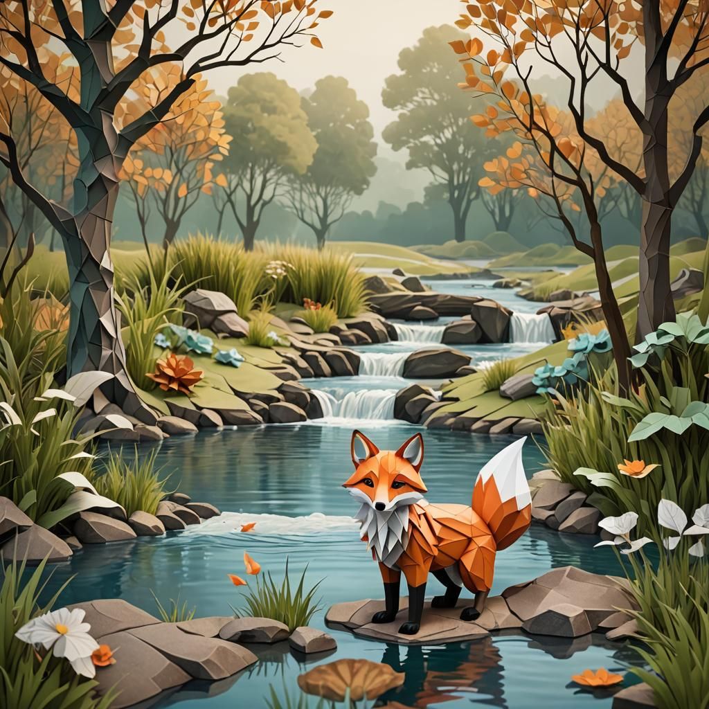 Origami Fox Smiles at Fish by River