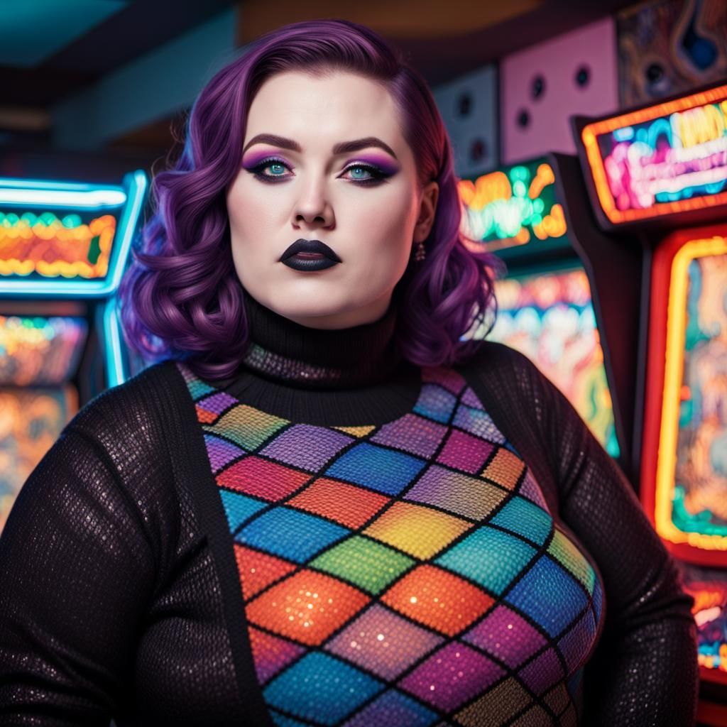 Goth Punk Woman in Retro Arcade, Comic Book Art