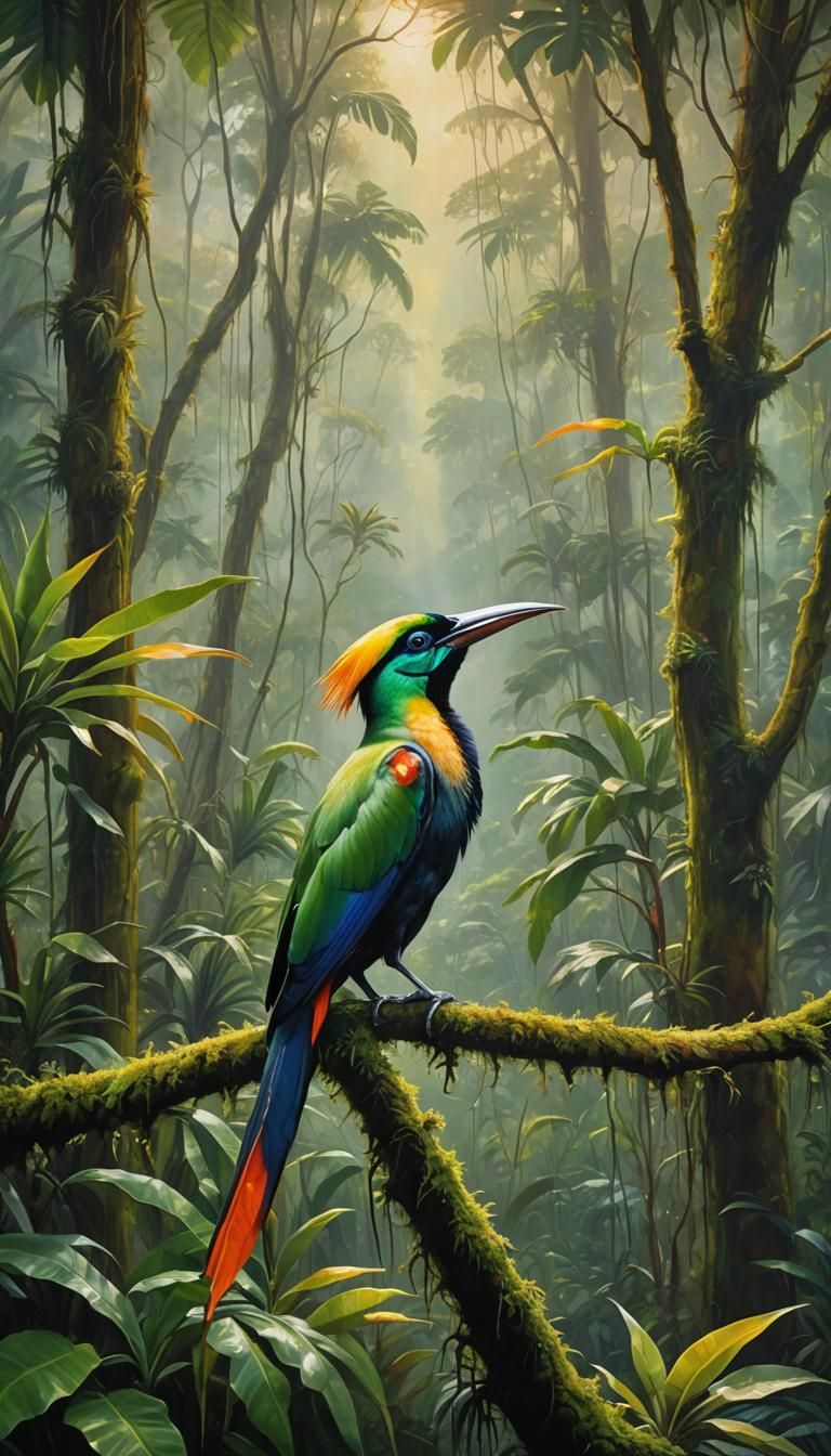 Bird of Paradise in Tropical Rainforest Painting