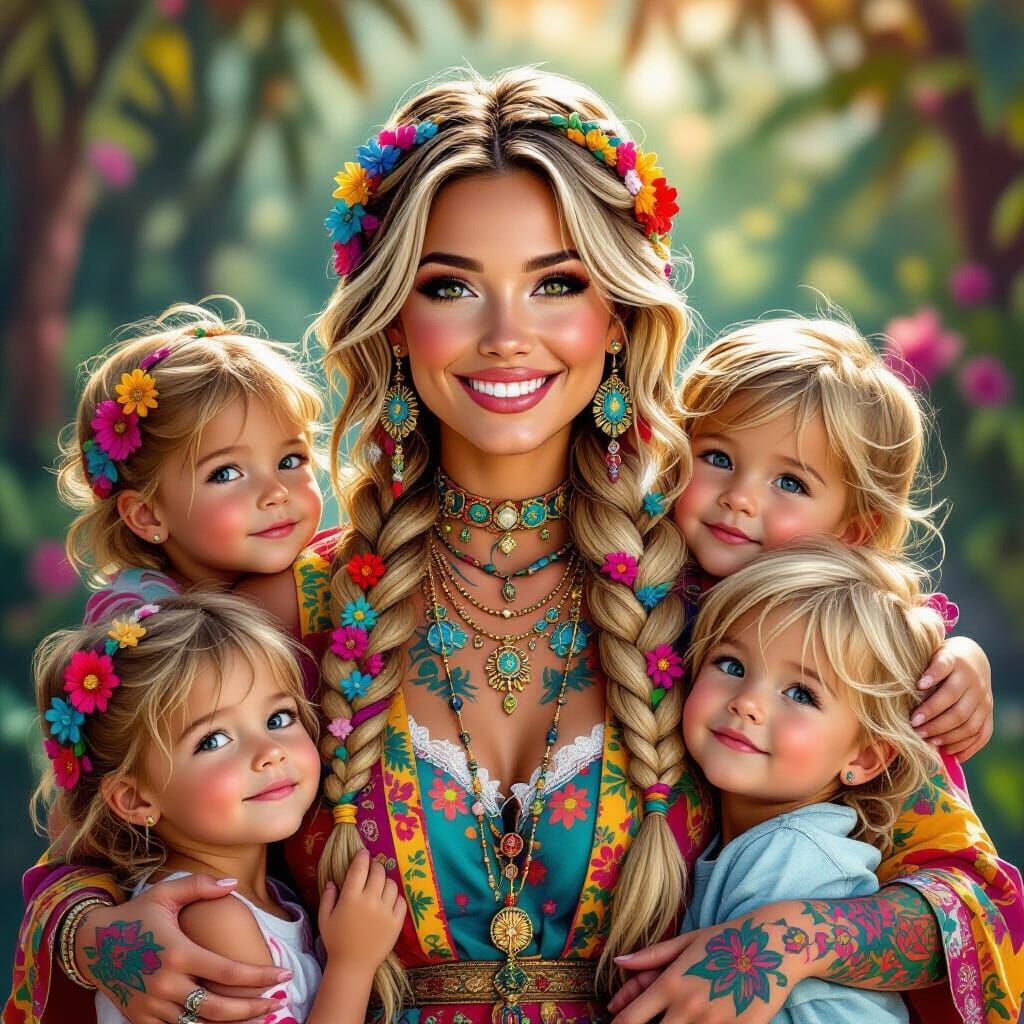 Woman with Braids and Children in Pop Surrealist Style