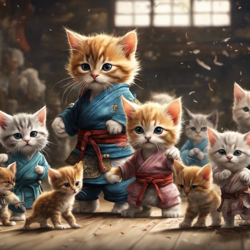 Kittens Practicing Martial Arts in Dojo