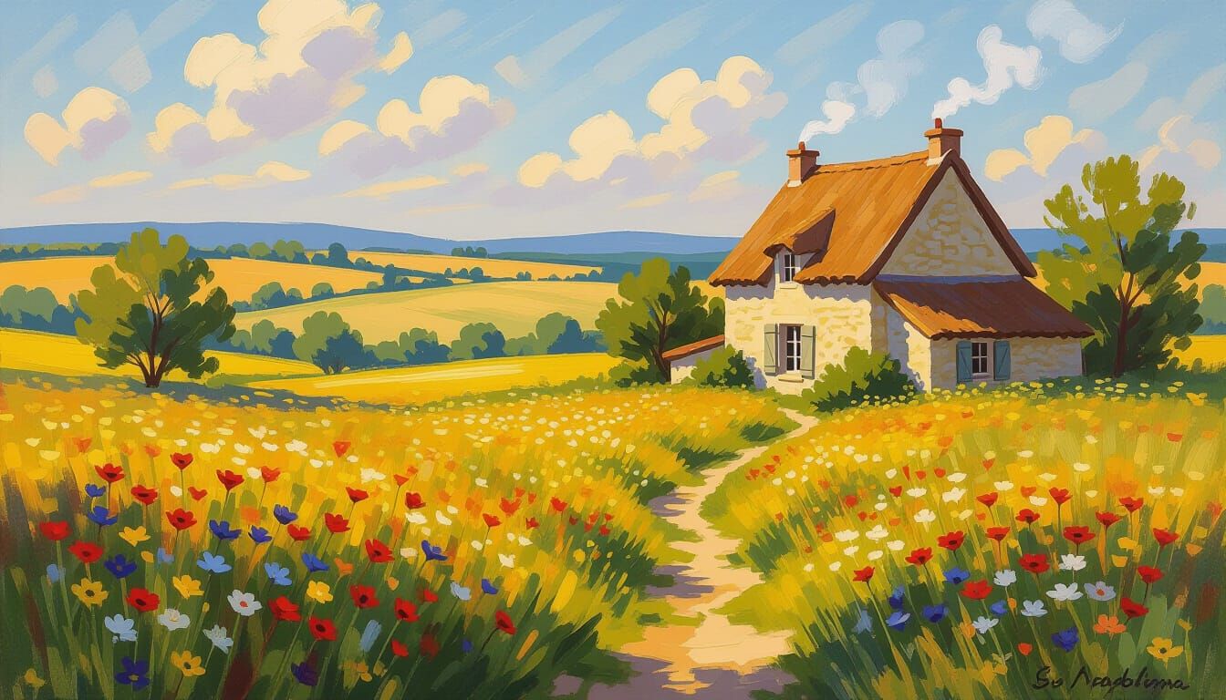 Sun-Drenched French Meadow with Cottage in Impressionist Sty...