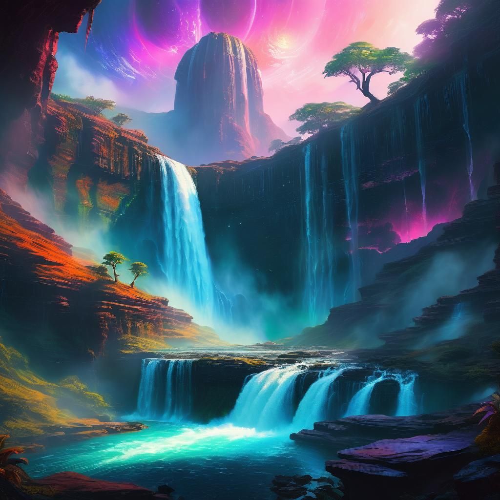 Alien Waterfall Concept Art in Oil Painting Style