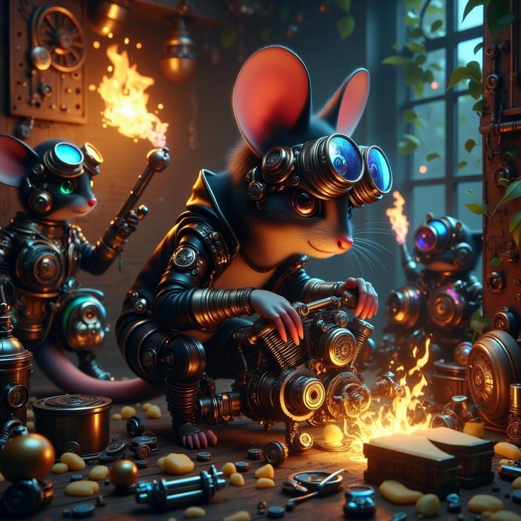 Steampunk Techno Mouse in Underground Garage Sanctuary