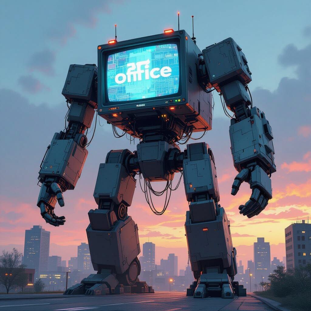 Giant Office Cubicle Robot Overlooks Cityscape at Dusk