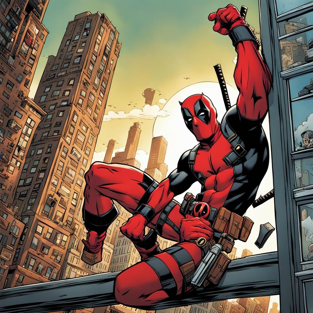 Deadpool Plummets from Skyscraper with a Wee Sign