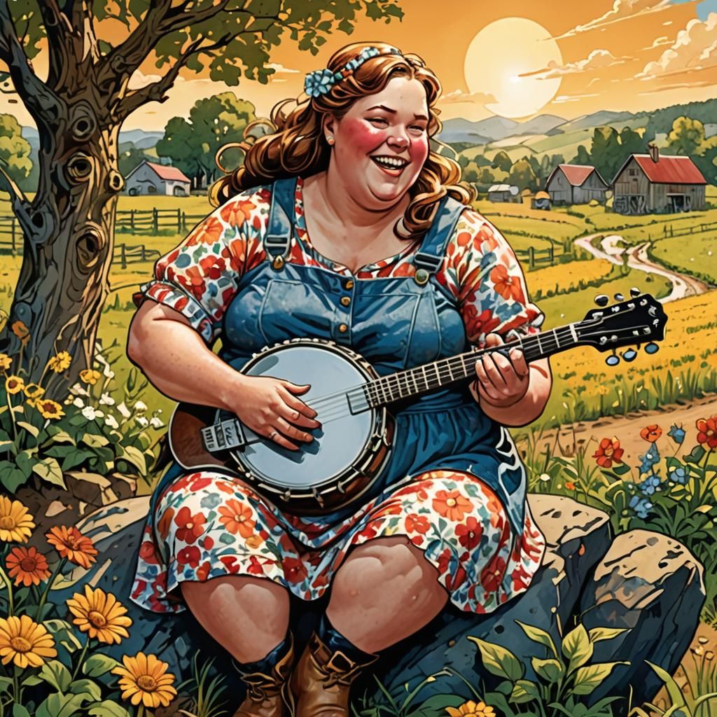 Fat Woman Plays Banjo in Comic Book Art