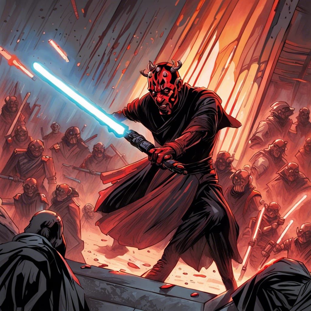 Darth Maul Wielding Baguette in Comic Book Art