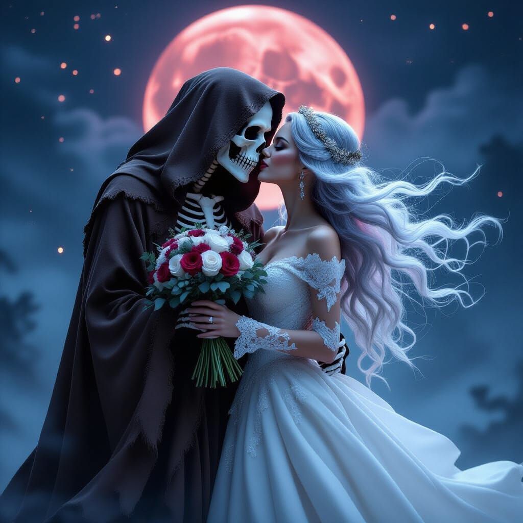 Grim Reaper Embraces Bride Under Moonlight