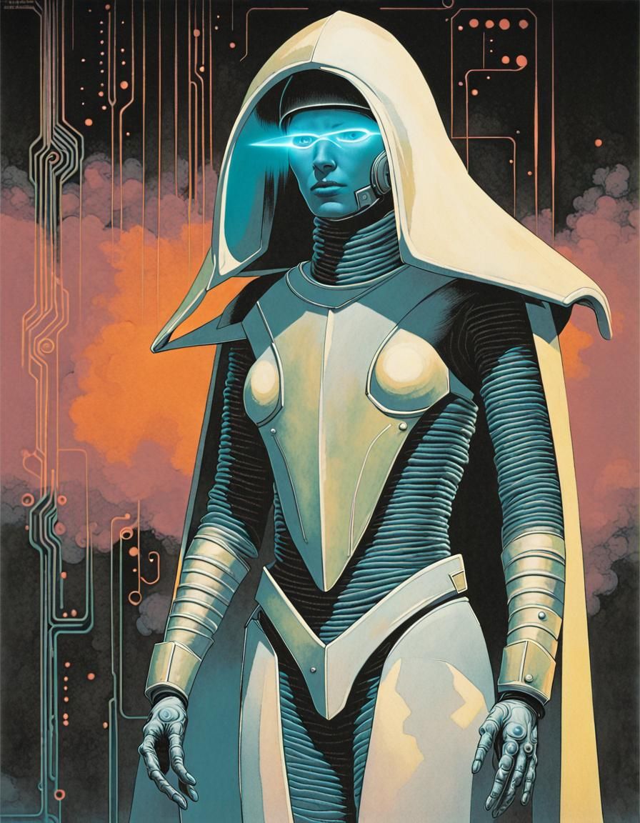 Futuristic Cybernetic Warrior in Vintage Surrealist Illustra...